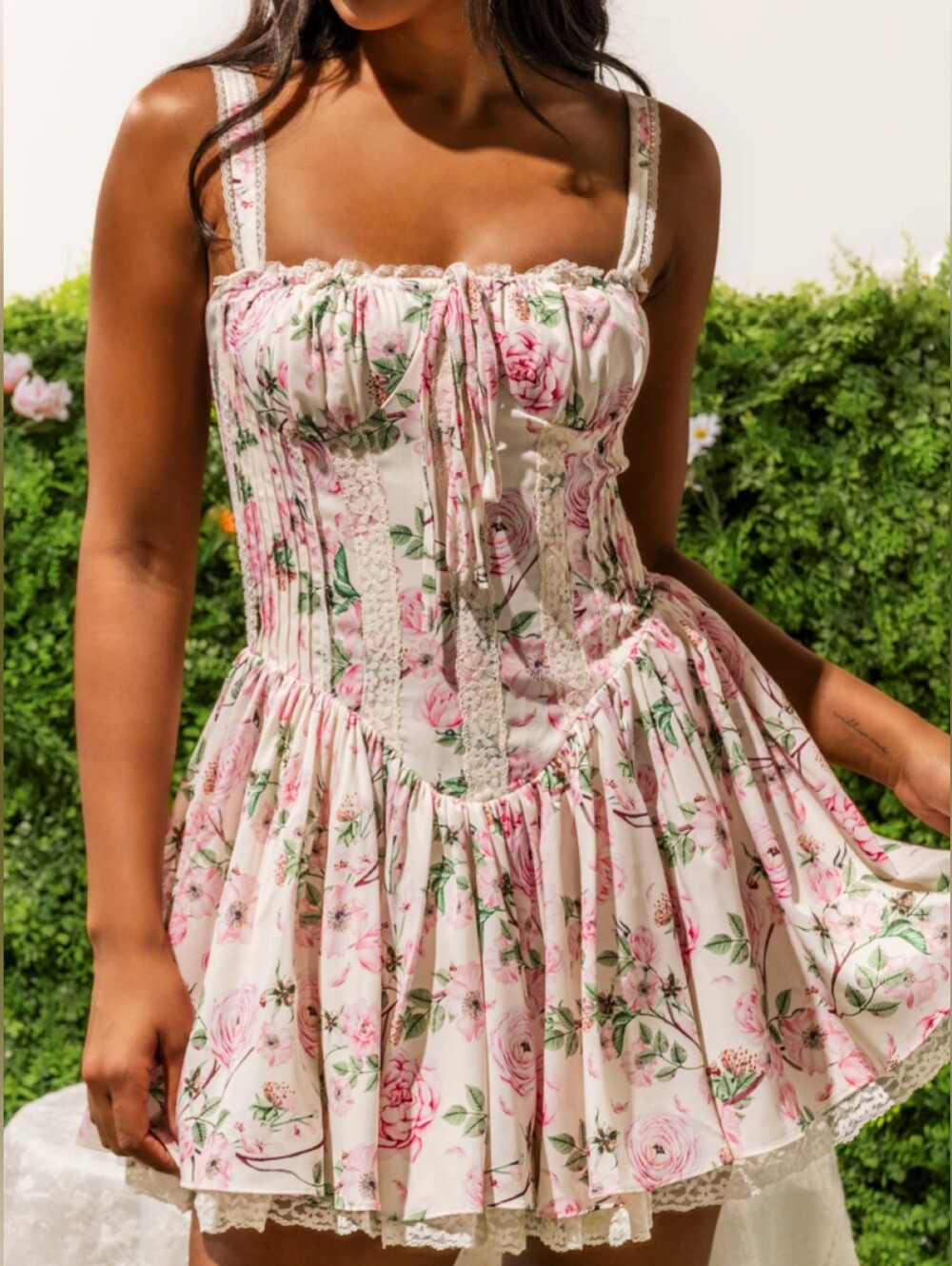 Cream Floral Print Mini Corset Dress